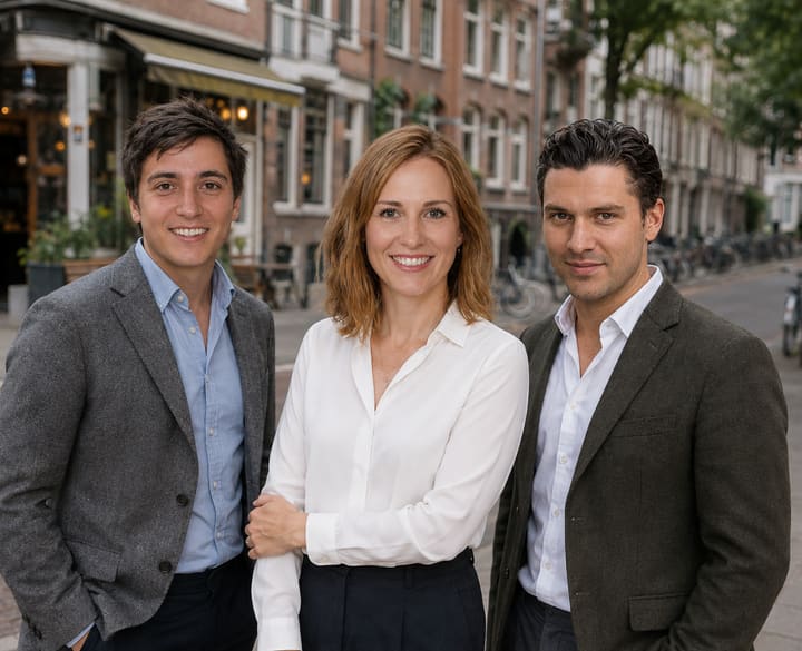 Drie mensen in zakelijke kleding op een Amsterdamse gracht
